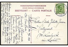 5 øre Chr. X på brevkort annulleret med bureaustempel Kolding - Hejlsminde T.1 d. 12.1.1918 til Laasby St.
