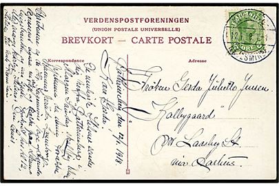 5 øre Chr. X på brevkort annulleret med bureaustempel Kolding - Hejlsminde T.1 d. 12.1.1918 til Laasby St.