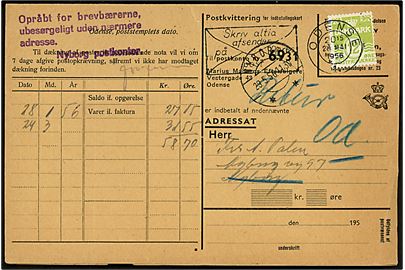 12 øre Bølgelinie på Indbetalingskort sendt som tryksag fra Odense d. 28.5.1956 til Nyborg. Retur med stempel Opråbt for brevbærerne, ubesørgelig uden nærmere adresse. Nyborg postkontor..