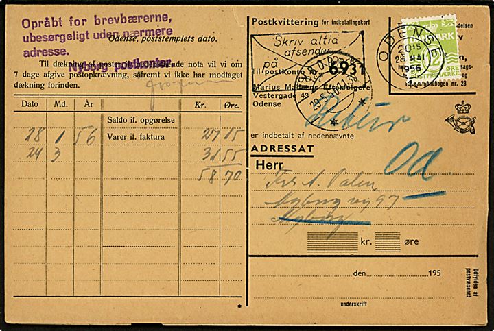 12 øre Bølgelinie på Indbetalingskort sendt som tryksag fra Odense d. 28.5.1956 til Nyborg. Retur med stempel Opråbt for brevbærerne, ubesørgelig uden nærmere adresse. Nyborg postkontor..