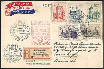 Komplet sæt genopbygning på anbefalet førsteflyvnings FDC brevkort fra Eindhoven d. 15.5.1951 via Amsterdam til København, Danmark.