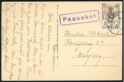 10 øre Regentjubilæum på brevkort dateret Frederikshavn annulleret med norsk stempel i Oslo d. 9.8.1937 og sidestemplet Paquebot til Esbjerg.