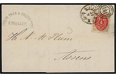 4 sk. Tofarvet på brev fra København annulleret med kombineret nr.stempel 181/V.SJ.JB.PB. d. 28.2.1873 til Assens.