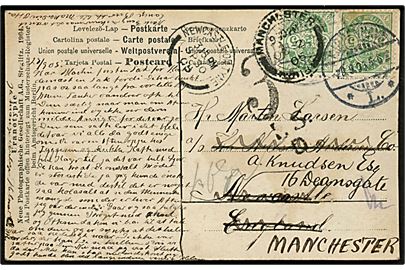 5 øre Våben (par) på brevkort fra Kjøbenhavn d. 28.9.1905 til Newcastle, England - eftersendt til Manchester. Sort portostempel 3d I.S.