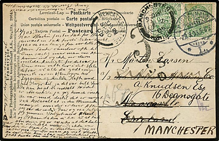5 øre Våben (par) på brevkort fra Kjøbenhavn d. 28.9.1905 til Newcastle, England - eftersendt til Manchester. Sort portostempel 3d I.S.