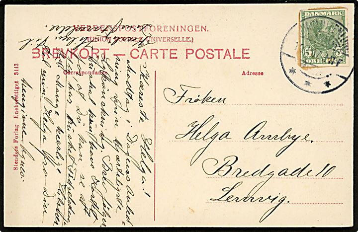 5 øre Chr. IX helsagsafklip på brevkort (Strandvejen med sporvogn) stemplet Charlottenlund d. 19.1.1907 til Lemvig.
