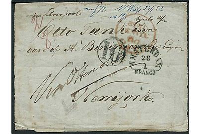 Brevforside af brev stemplet Amsterdam Franco d. 28.1.1852 til New York, USA. Påskrevet: via Liverpool.