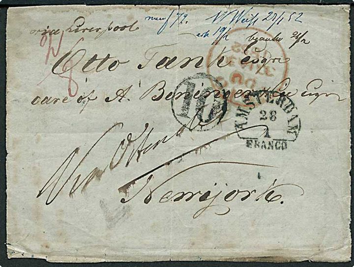 Brevforside af brev stemplet Amsterdam Franco d. 28.1.1852 til New York, USA. Påskrevet: via Liverpool.