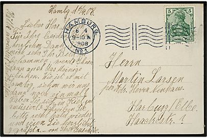 5 pfg. Germania på brevkort annulleret med neutralt maskinstempel Hamburg No. 1 d. 6.4.1908 til Harburg.