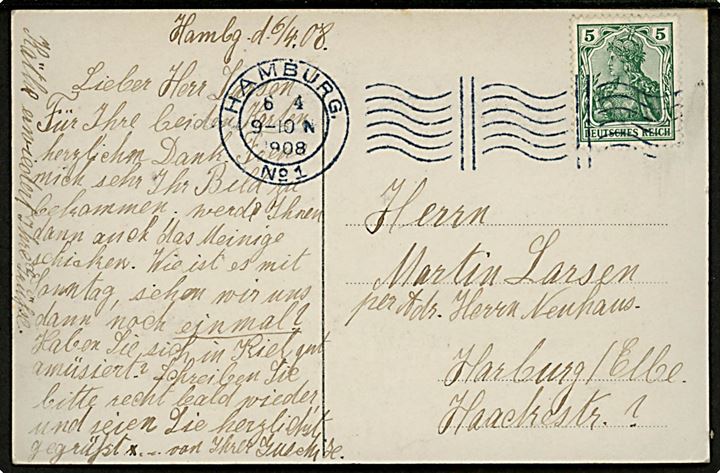 5 pfg. Germania på brevkort annulleret med neutralt maskinstempel Hamburg No. 1 d. 6.4.1908 til Harburg.