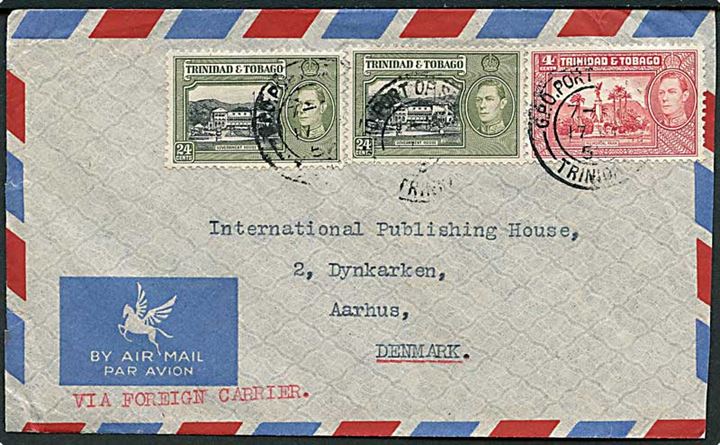 4 c. og 24 c. (2) George VI på luftpostbrev fra Port of Spain Trinidad d. 17.9.1957 til Aarhus, Danmark.