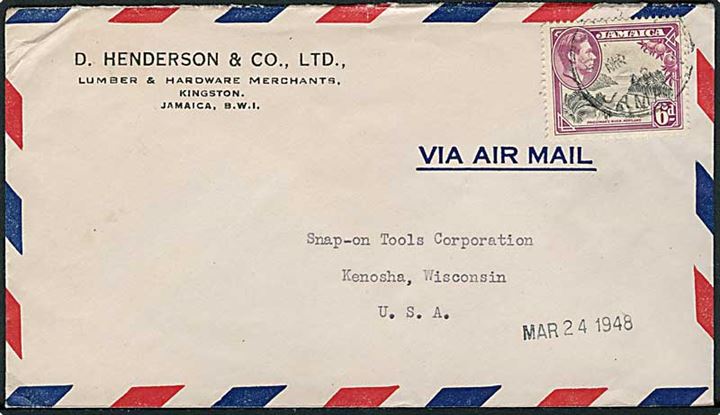 6d George VI på luftpostbrev fra Kingston d. x.3.1948 til Kenosha, USA.