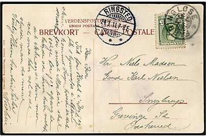 5 øre Fr. VIII på brevkort annulleret med stjernestempel FARRINGLØSE og sidestemplet Ringsted d. 24.3.1911 til Grevinge St. Nusset med fold.