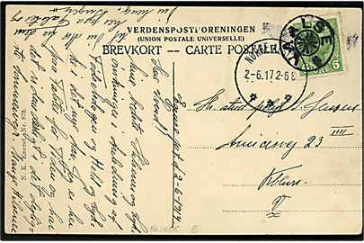 5 øre Chr. X på brevkort (Dragør Badehotel) annulleret med stjernestempel VAALSE og sidestemplet Nørre-Alslev d. 2.6.1917 til København.