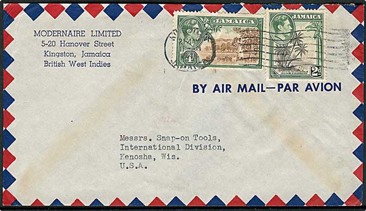 2d og 4d George VI på luftpostbrev fra Kingston d. 21.5.1948 til Kenosha, USA.