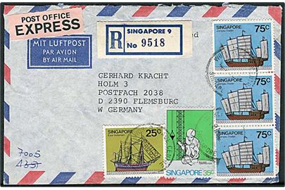 2,85 $ frankeret anbefalet luftpost ekspresbrev fra Singapore 1981 til Flensburg, Tyskland.