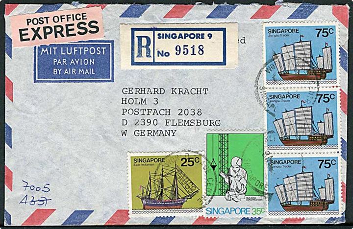 2,85 $ frankeret anbefalet luftpost ekspresbrev fra Singapore 1981 til Flensburg, Tyskland.