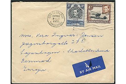 30 c. og 1 sh. George VI på fortrykt kuvert fra Union-Castle Line stemplet Dar es Salam d. 8.11.1951 til Charlottenlund, Danmark.