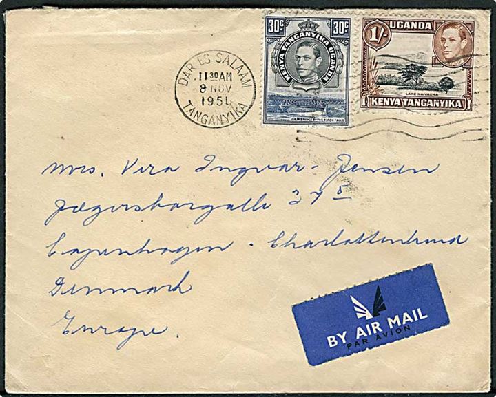 30 c. og 1 sh. George VI på fortrykt kuvert fra Union-Castle Line stemplet Dar es Salam d. 8.11.1951 til Charlottenlund, Danmark.