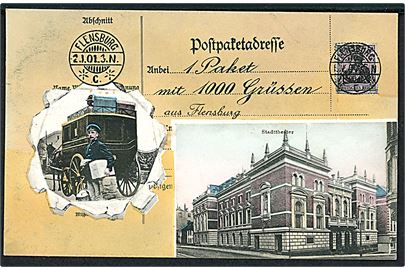 Tyskland, Flensburg, Postpaketadresse med postvogn og Stadttheater.