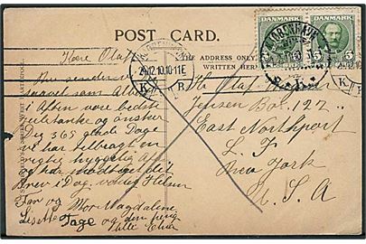 5 øre Fr. VIII i parstykke på brevkort fra København d. 24.12.1910 til New York, USA.