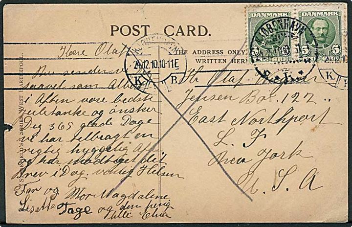 5 øre Fr. VIII i parstykke på brevkort fra København d. 24.12.1910 til New York, USA.
