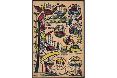 Canada, British Columbia 100 års souvenir kort fremstillet af træ. Sendt fra Vancouver 1958 til Danmark.