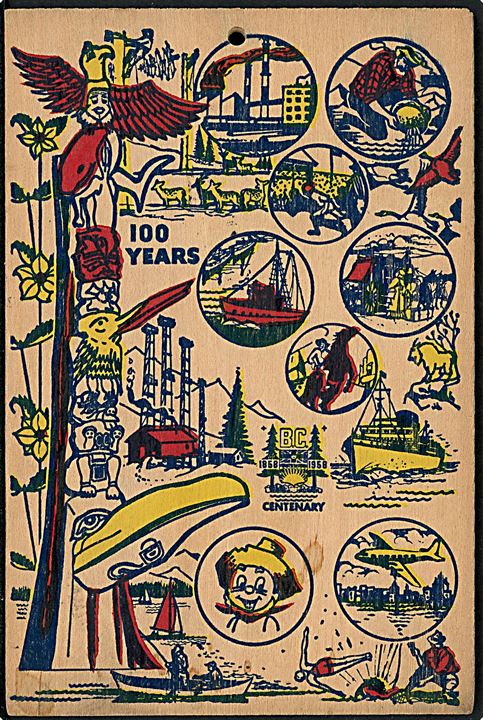 Canada, British Columbia 100 års souvenir kort fremstillet af træ. Sendt fra Vancouver 1958 til Danmark.