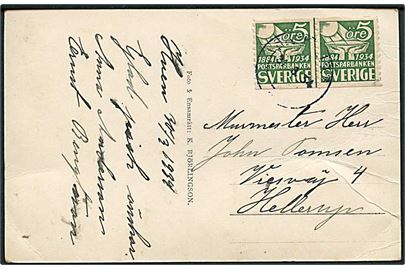 5 öre Postsparebanken i parstykke på brevkort stemplet Sankt Ibb d. 31.3.1934 til Hellerup, Danmark. Fra øen Hven i Øresund. Fold.
