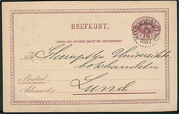 6 öre helsagsbrevkort fra Norrköping d. 29.10.1884 til Lund.