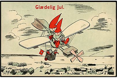 Helga Tesch: Julekort. Nisser deler julegaver ud i hjemmelavet flyver. E.F.P. no. 700/4.