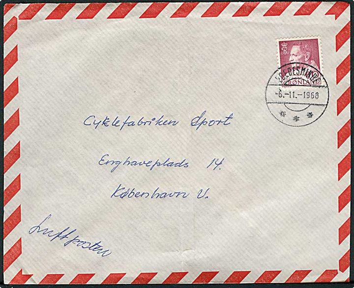 60 øre Fr. IX på luftpostbrev fra Egedesminde d. 6.11.1968 til København.
