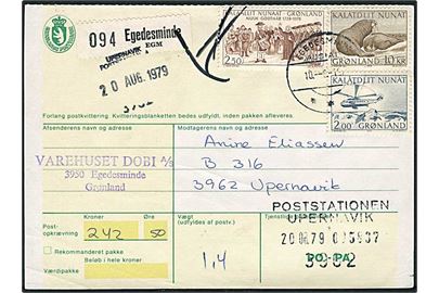 2 kr. Postbefordring, 2,50 kr. Godthåb 250 år og 10 kr. Hvalros på adressekort for pakke med opkrævning fra Egedesminde d. 10.8.1979 til Upernavik.