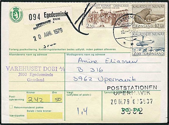 2 kr. Postbefordring, 2,50 kr. Godthåb 250 år og 10 kr. Hvalros på adressekort for pakke med opkrævning fra Egedesminde d. 10.8.1979 til Upernavik.