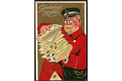 Tegnet nytårskort med postbud med nytårsposten. Pengene vælter ud af brevene. A. Vincent serie no. 180/1.