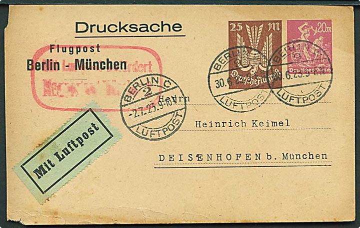 20+25 mk. privat helsags luftposttryksag stemplet Berlin Luftpost d. 2.7.1923 til Diesenhofen b. München. Slidt.