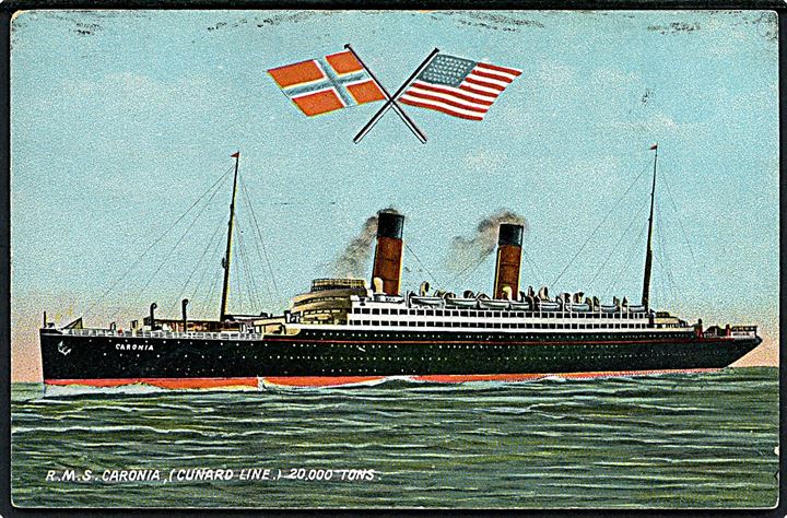 Caronia, S/S, Cunard Line med norsk og amerikansk flag.