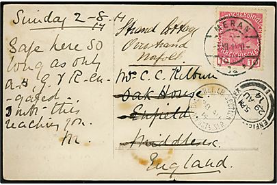 10 h. Franz Joseph på brevkort (Kejser Franz Joseph 1) fra Meran d. 3.8.1914 til Enfield, England - eftersendt. Transit stemplet RET.LR.SECTION LONDON POSTL. SER. d. 28.8.1914. (= Returned Letter Section / London Postal Service). Interessant indhold: Safe here so long as only A.-H., G. & R. engaged (A.-H., G. & R. = Østrig-Ungarn, Tyskland og Rusland). 