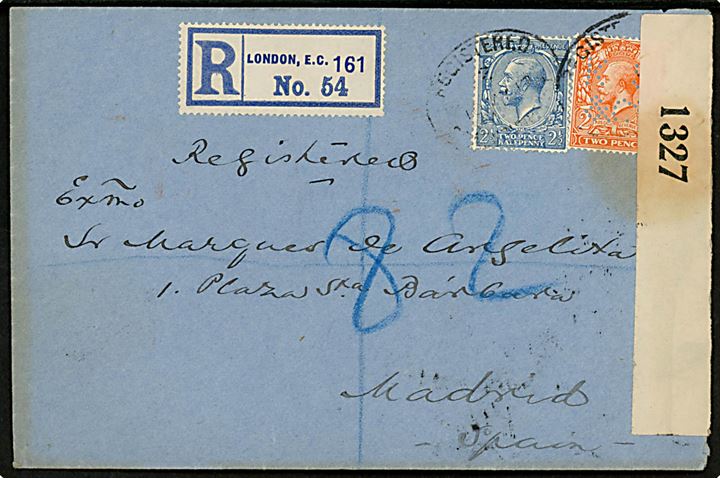 2d og 2½d George V med perfin K.S.&Co. på anbefalet brev fra firma Kleinwort. Sons & Co. i London d. 10.5.1917 til Madrid, Spanien. Åbnet af britisk censur no. 1327.