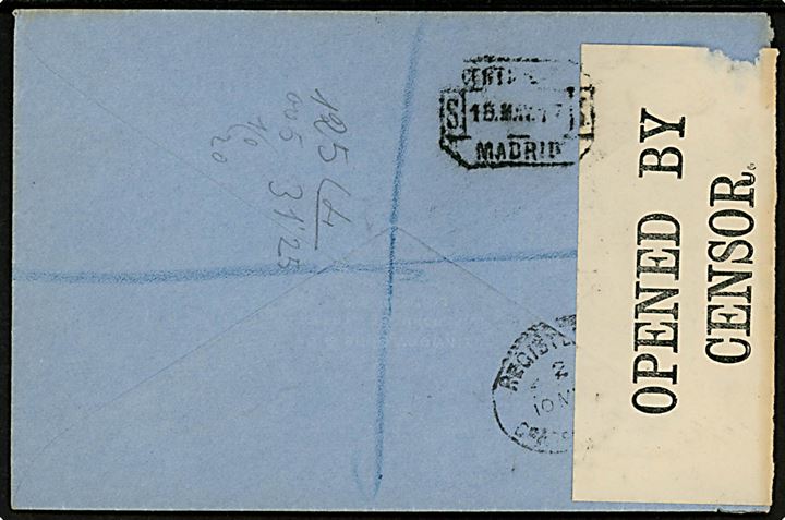 2d og 2½d George V med perfin K.S.&Co. på anbefalet brev fra firma Kleinwort. Sons & Co. i London d. 10.5.1917 til Madrid, Spanien. Åbnet af britisk censur no. 1327.