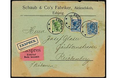 5 øre og 20 øre (2) Chr. X på ekspresbrev med dansk og tysk ekspres etiket fra Esbjerg d. 25.10.1915 til Reichenberg, Böhmen, Østrig. Uden tegn på censur. Skjold.