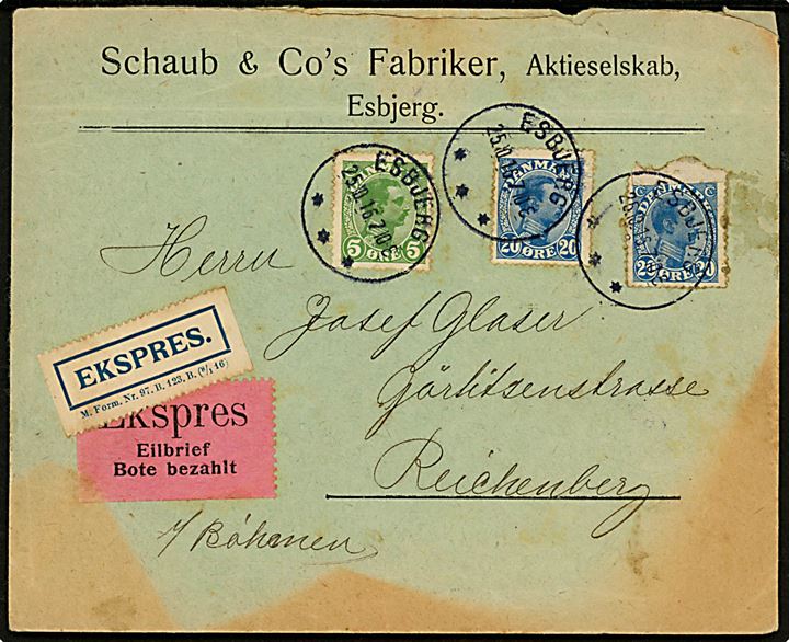 5 øre og 20 øre (2) Chr. X på ekspresbrev med dansk og tysk ekspres etiket fra Esbjerg d. 25.10.1915 til Reichenberg, Böhmen, Østrig. Uden tegn på censur. Skjold.