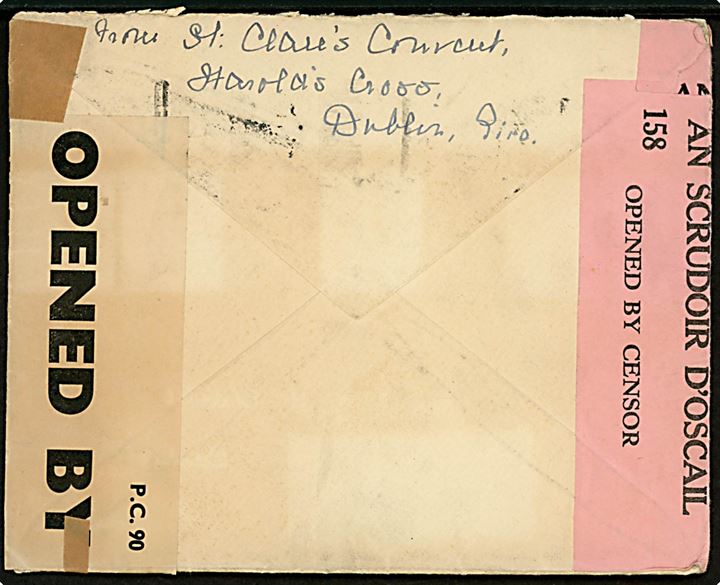 3 p. og 1 sh. på luftpostbrev fra Dublin d. 28.4.1941 til Chicago, USA. Åbnet af irsk censur SP1/158 og britisk PC90/3776.