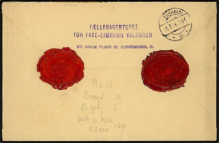 5 øre og 20 øre (3) Chr. X på 65 øre frankeret værdibrev fra Kjøbenhavn d. 19.8.1918 til Limhamn pr. Malmö, Sverige.