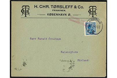 20 øre Chr. X på firmakuvert fra H. Chr. Tørsleff & Co. annulleret Kjøbenhavn 8 d. 10.7.1919 til Helsingfors, Finland. 2-sproget finsk censur.