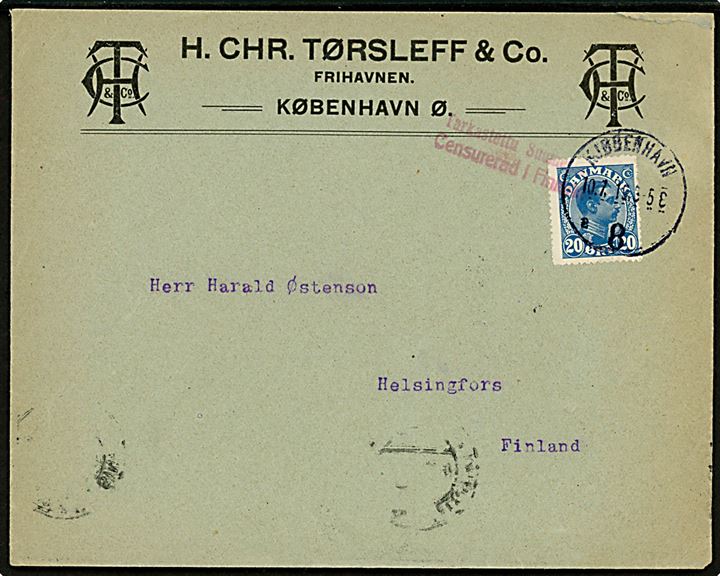 20 øre Chr. X på firmakuvert fra H. Chr. Tørsleff & Co. annulleret Kjøbenhavn 8 d. 10.7.1919 til Helsingfors, Finland. 2-sproget finsk censur.