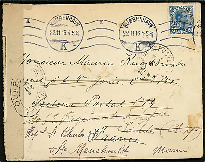 20 øre Chr. X på brev fra Kjøbenhavn d. 22.11.1916 til fransk soldat ved feltpost: Secteur Postal 174, Frankrig - eftersendt flere gange. Åbnet af fransk censur i Dieppe. 