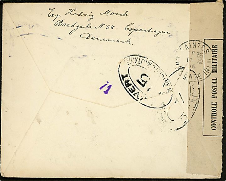 20 øre Chr. X på brev fra Kjøbenhavn d. 22.11.1916 til fransk soldat ved feltpost: Secteur Postal 174, Frankrig - eftersendt flere gange. Åbnet af fransk censur i Dieppe. 