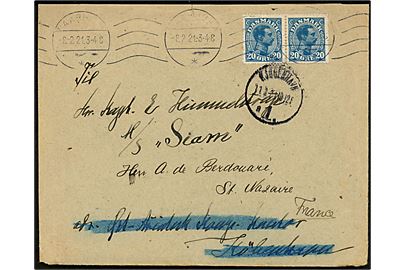 20 øre Chr. X i parstykke på brev fra Aarhus d. 8.2.1921 til kapt. Himmelstrup ombord på M/S Siam via rederiet Ø.K. i København - eftersendt til St. Nazaire, Frankrig.