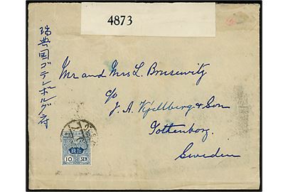 10 sen. single på brev fra Tokyo d. 8.9.1918 til Göteborg, Sverige. Åbnet af britisk censur no. 4873.